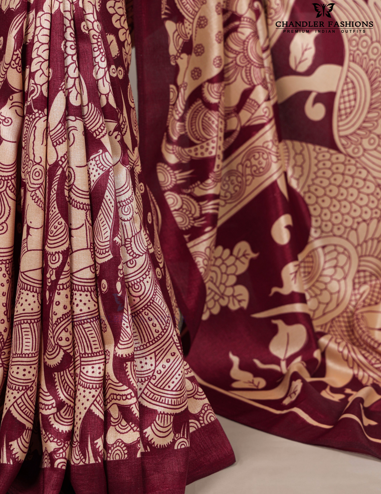 Red Color Kalamkari Printed Saree Features Detailed Peacock Design In USA