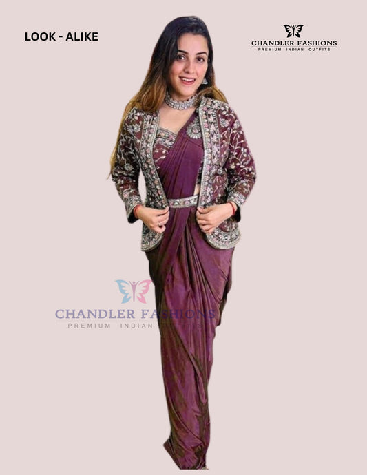 Stunning Maroon Color Rangoli Fabric Ready To Wear Saree With Embroidered Shrug