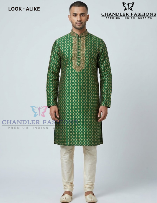 Attractive Dark Green Color Jacquard With Zardozi Work Kurta Suits For Men