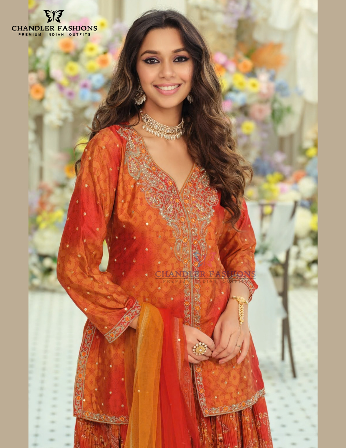 Orange Color Chinon With Embroidery Work Palazzo Suit In USA