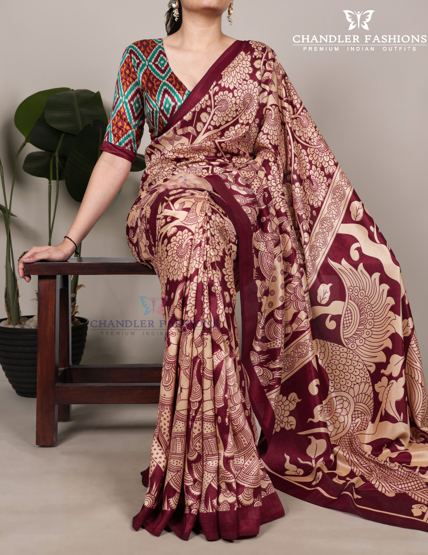 Stunning Red Color Kalamkari Printed Saree Features Detailed Peacock Design On The Pallu And Paired Contrasting For Women