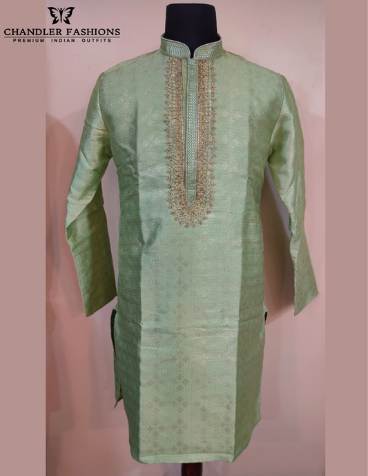 Wonderful Pista Green Color Banarasi Brocade Kurta With Pajama For Men