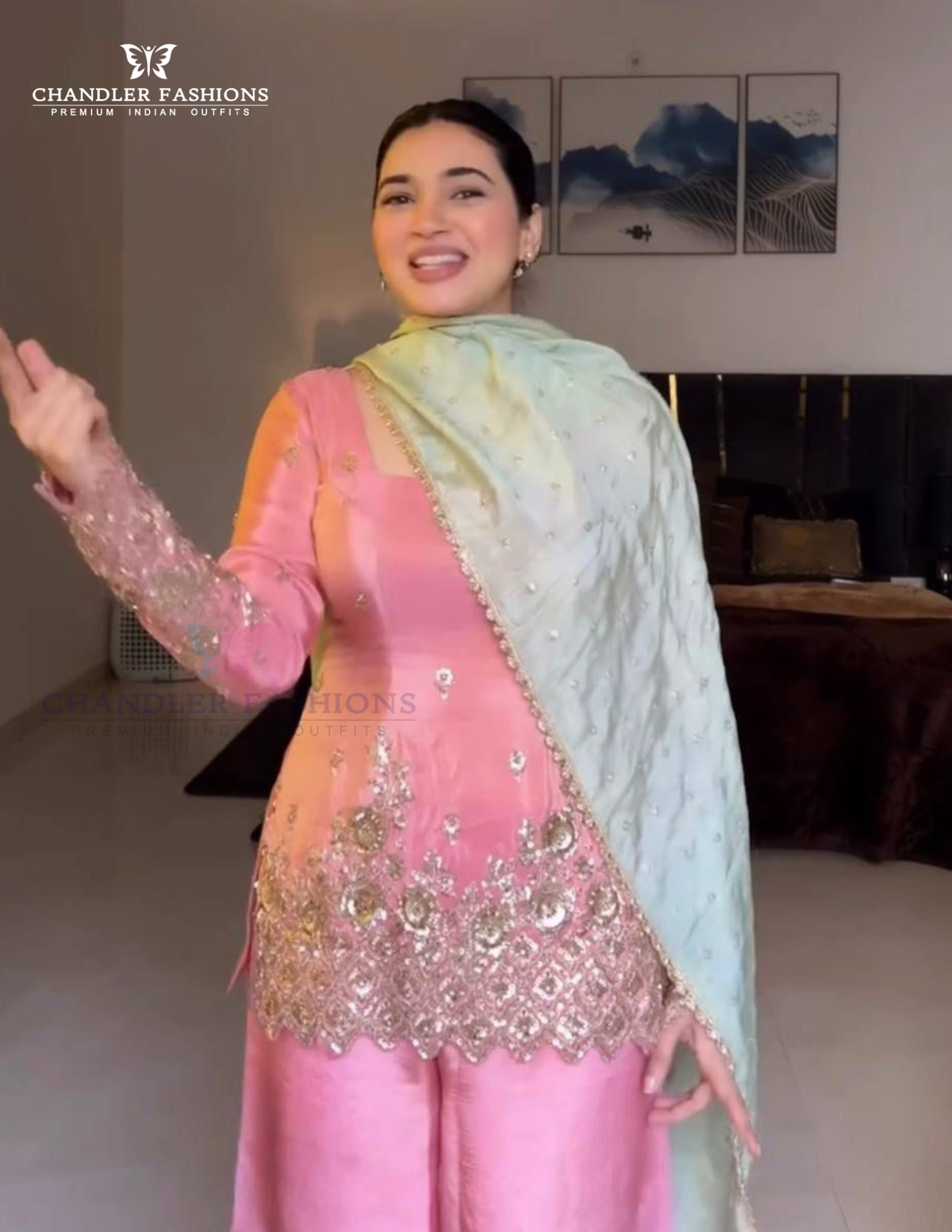 Pink Color Chinon With Embroidery And Sequins Work Palazzo Suits With Dupatta In USA