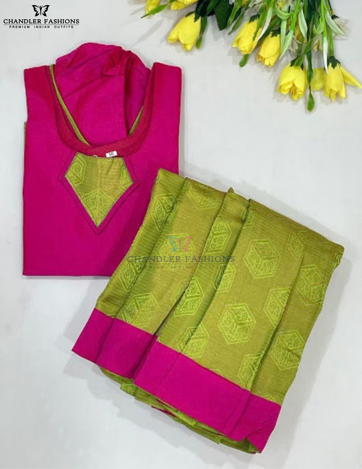 Pink And Green Color Art Silk Langa Set With Printed Work Near Me