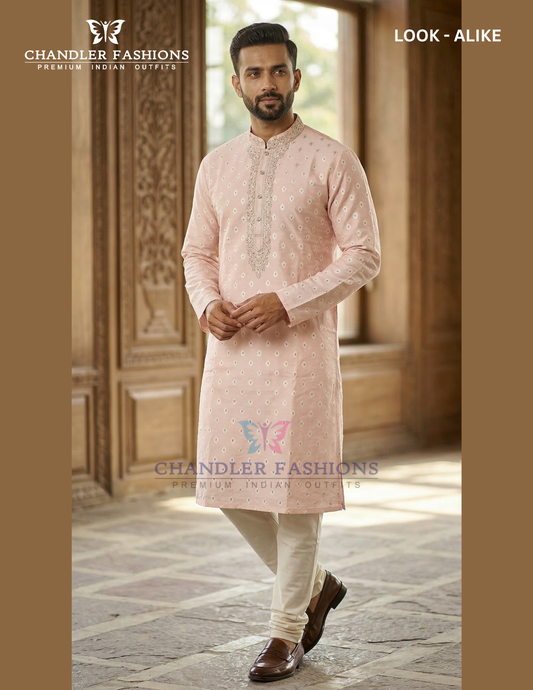 Stunning Baby Pink Color Jacquard With Zardozi Work Kurta Suits For Men
