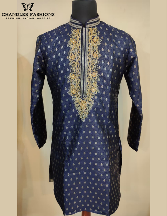 Beautiful Blue Green Color Banarasi Brocade Kurta With Pajama For Men
