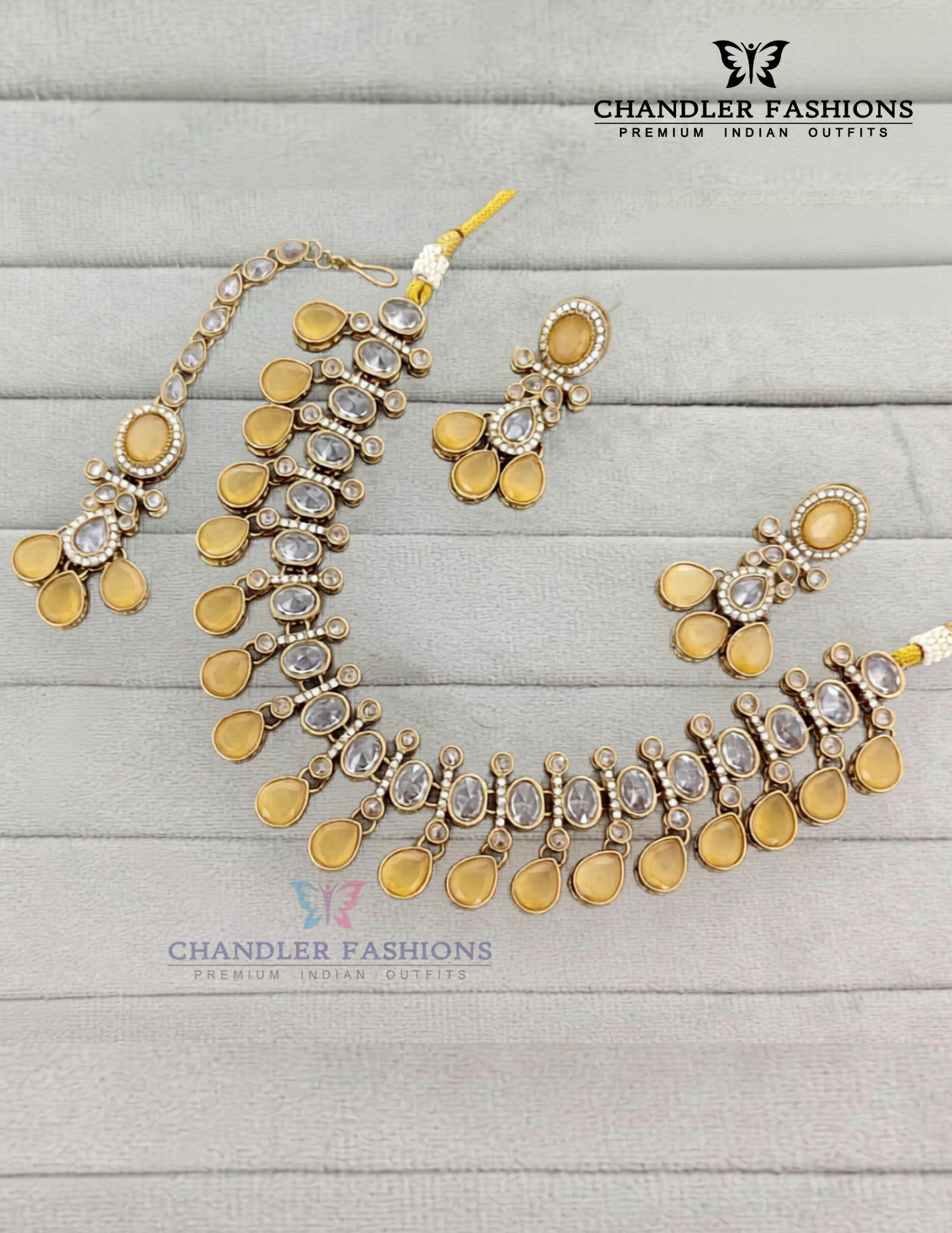 Pretty Gold Plated Yellow Color Kundan Necklace With Earrings And Maang Tikka