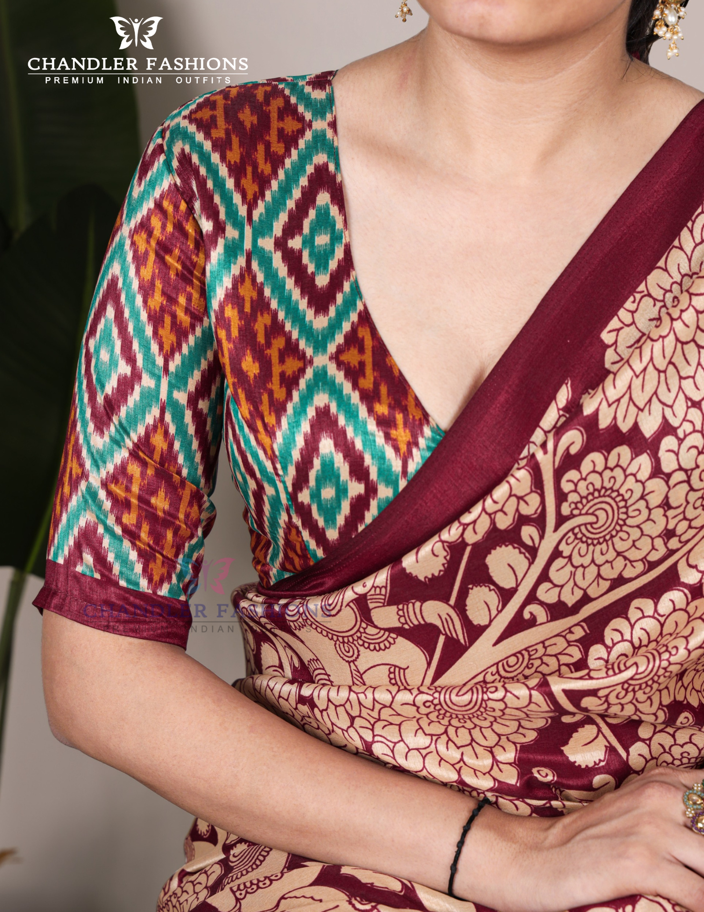 Red Color Kalamkari Printed Saree Features Detailed Peacock Design On The Pallu And Paired Contrasting Near Me