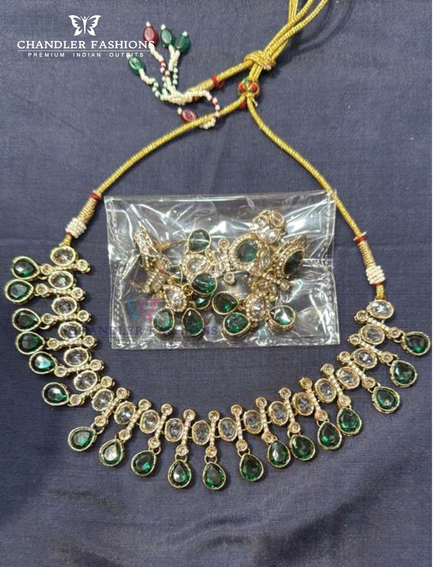 Graceful Gold Plated Dark Green Color Kundan Necklace With Earrings And Maang Tikka Near Me