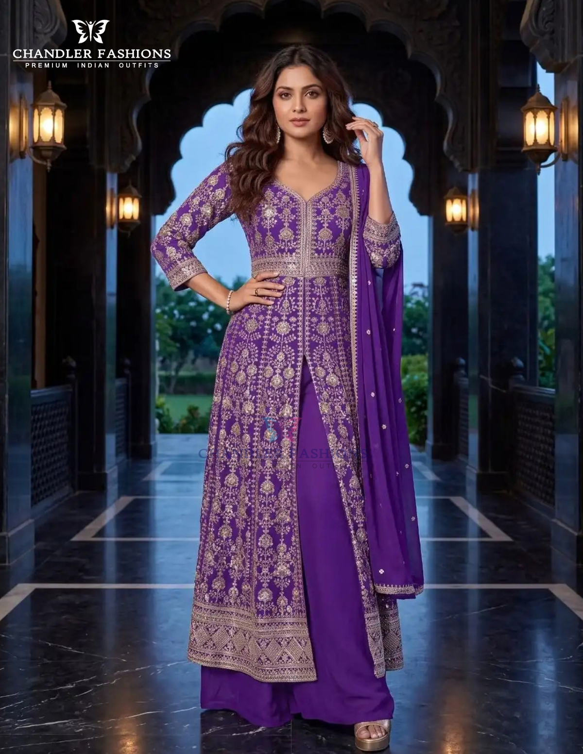 Purple Color Chinon With Embroidery And Thread Work Palazzo Suit Near Me
