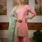Captivating Pink Color Chinon With Embroidery And Sequins Work Palazzo Suits With Dupatta For Women