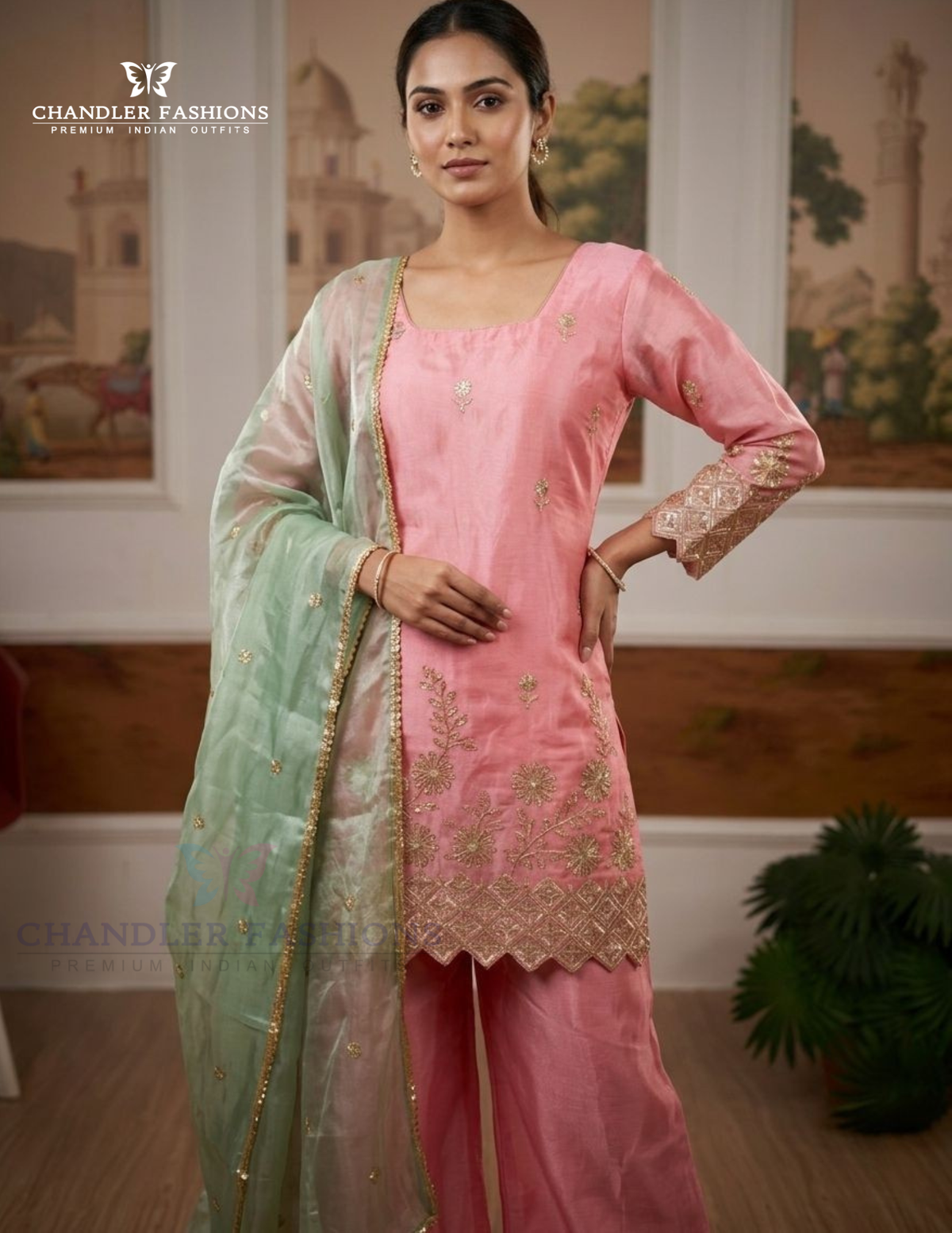 Captivating Pink Color Chinon With Embroidery And Sequins Work Palazzo Suits With Dupatta For Women