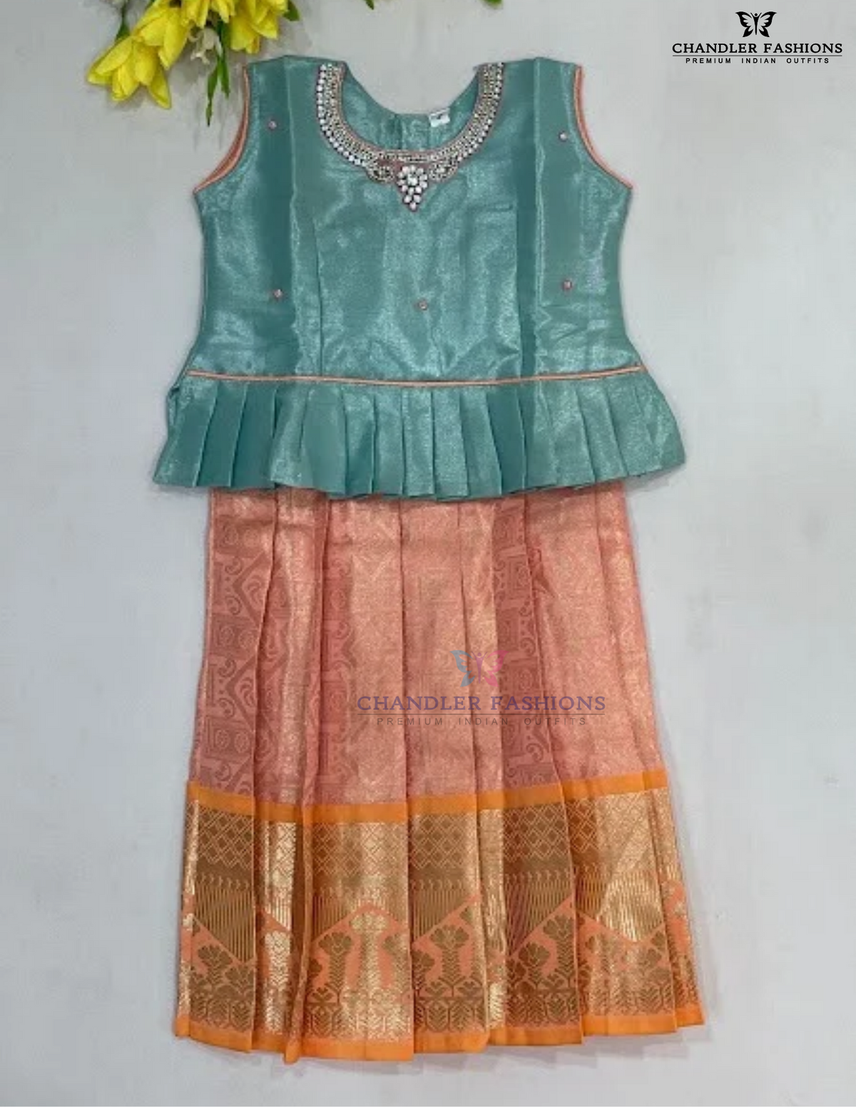 Alluring Green And Peach Color Art Silk With Stone And Zari Work Langa Sets For Girls