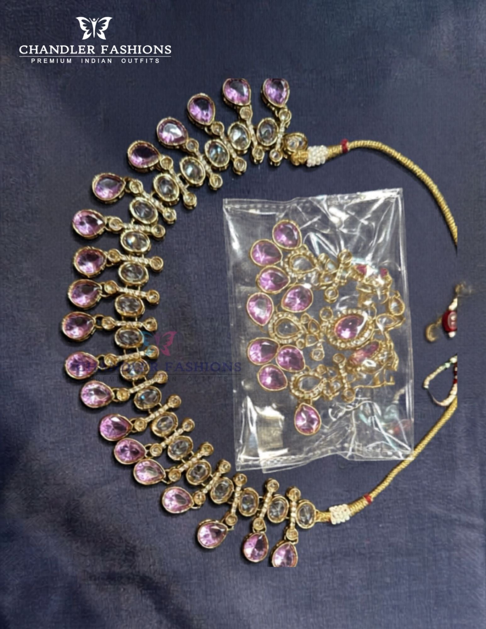 Elegant Gold Plated Light Pink Color Kundan Necklace With Earrings And Maang Tikka Near Me