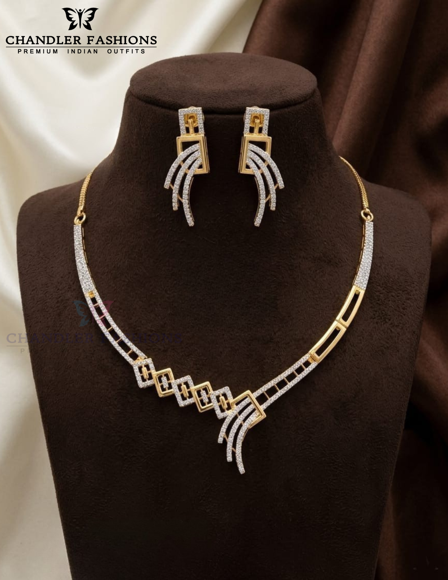 Elegant Gold Plated White Color Stone Design Necklace With Earrings