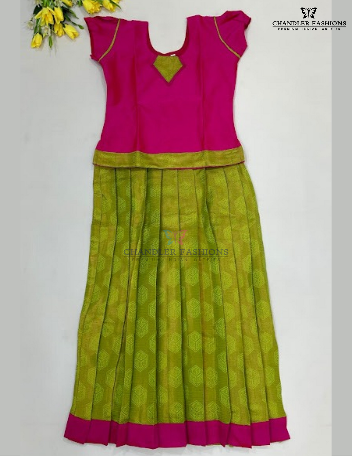 Beautiful Pink And Green Color Art Silk Langa Set With Printed Work For Girls