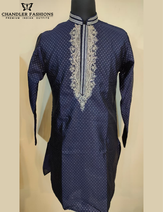 Wonderful Blue Color Banarasi Brocade Kurta With Pajama For Men