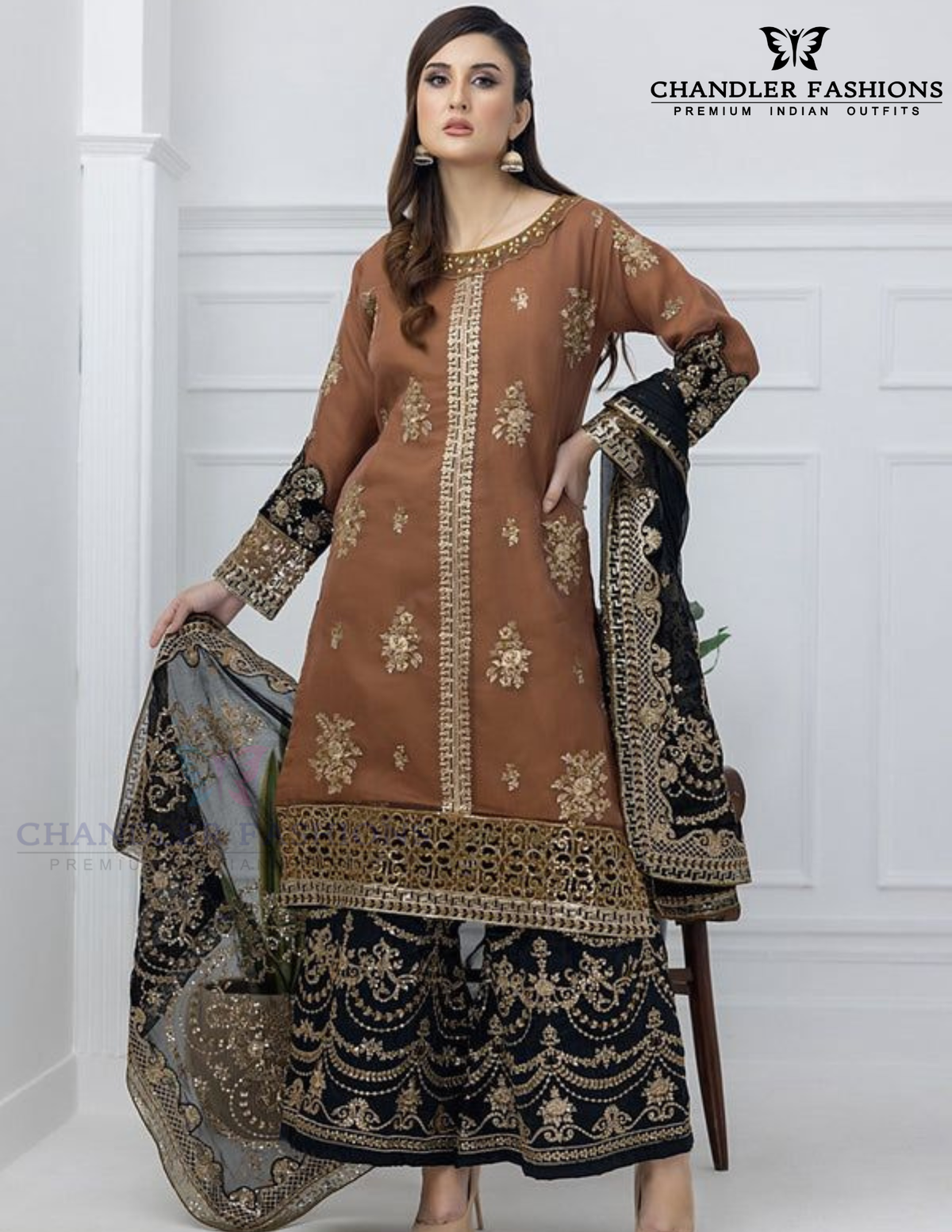 Brown And Black Color Chinon With Embroidery And Sequins Work Palazzo Suits With Dupatta Near Me