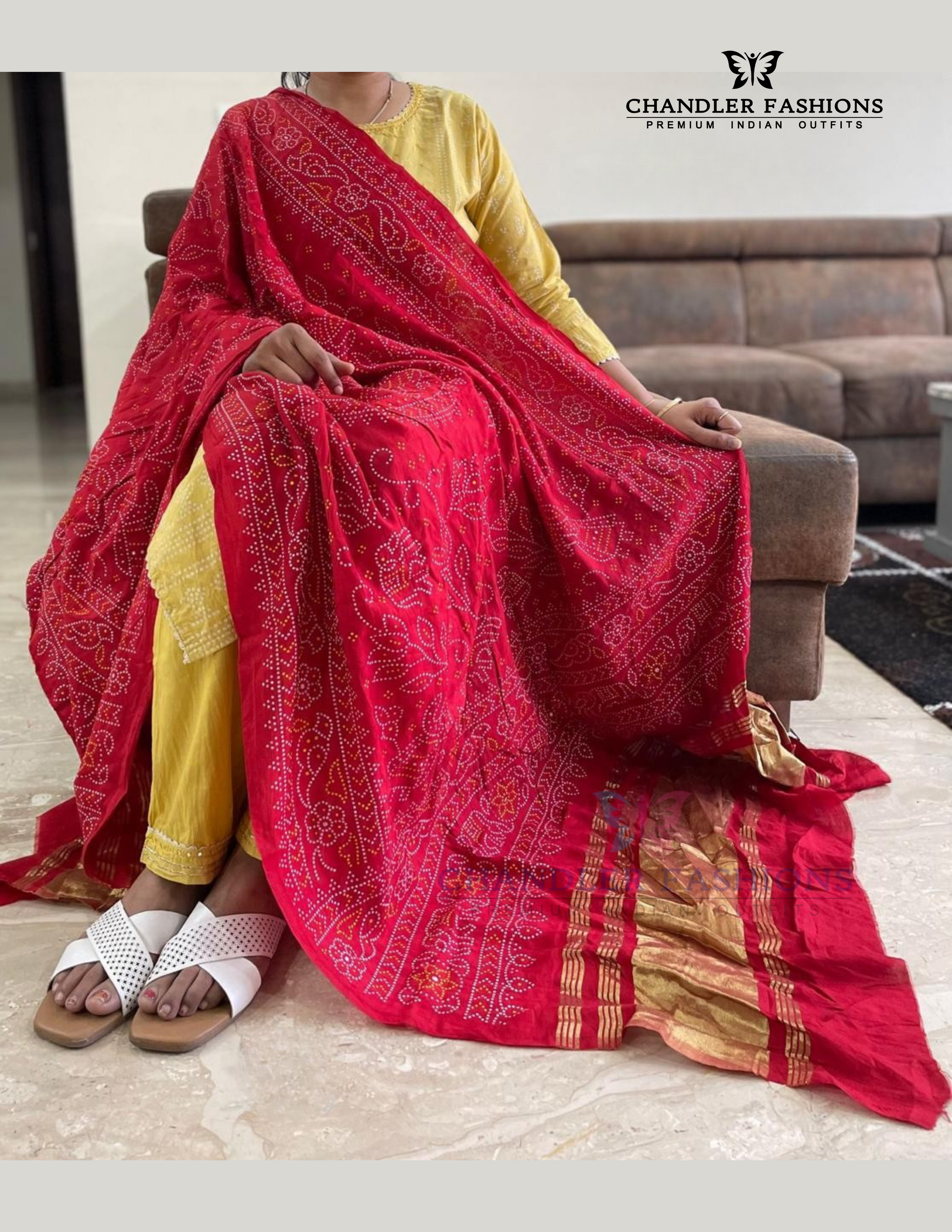 Elegant Red Colored Bandhani Print With Silk Dupatta