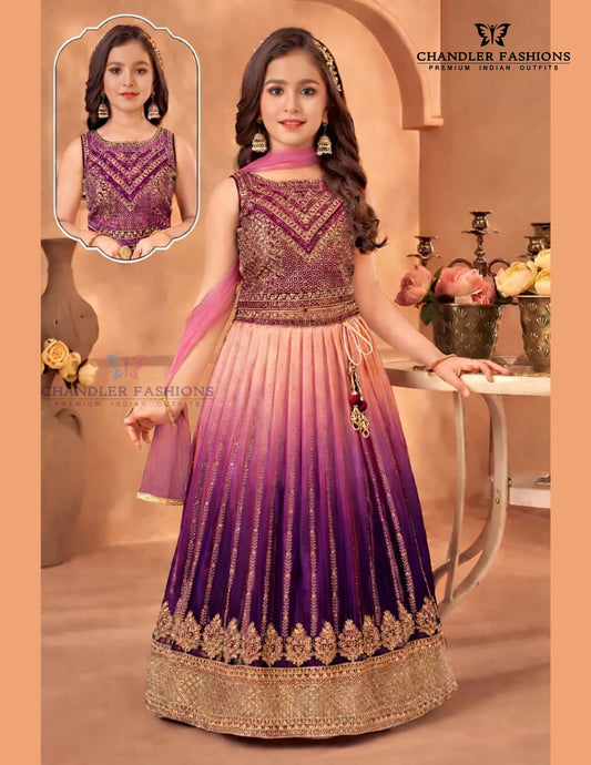Beautiful Purple Color Embroidery And Sequins Work Choli Set With Dupatta For Girls