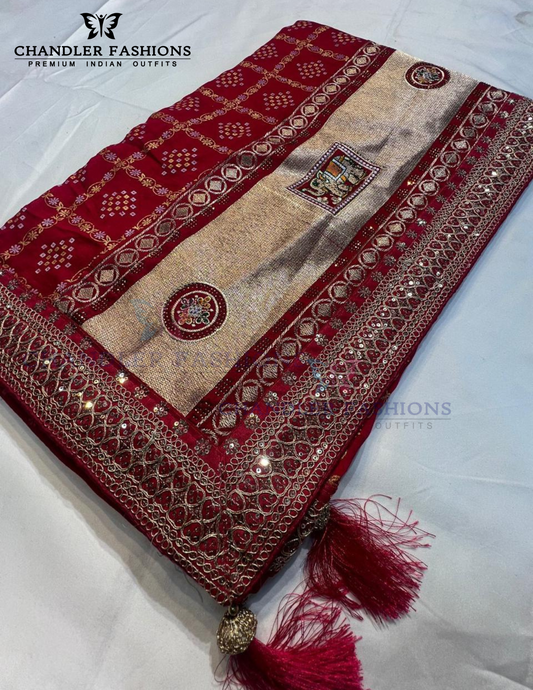 Alluring Maroon Colored With Embroidery Work Vichitra Silk Saree For Women
