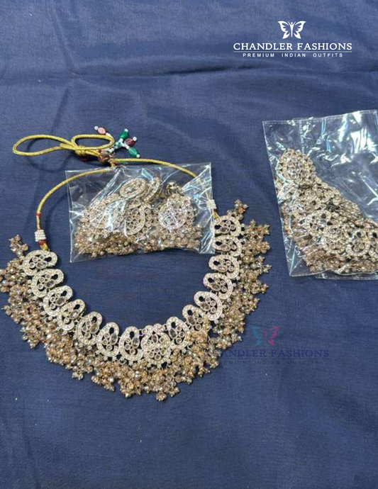 Attractive Gold Color Kundan Necklace With Earrings And Maang Tikka