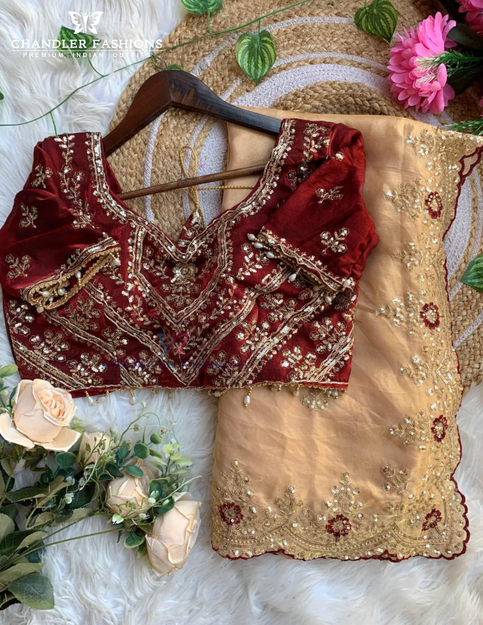 Cream Color Georgette With Embroidered Saree Zari Work In USA