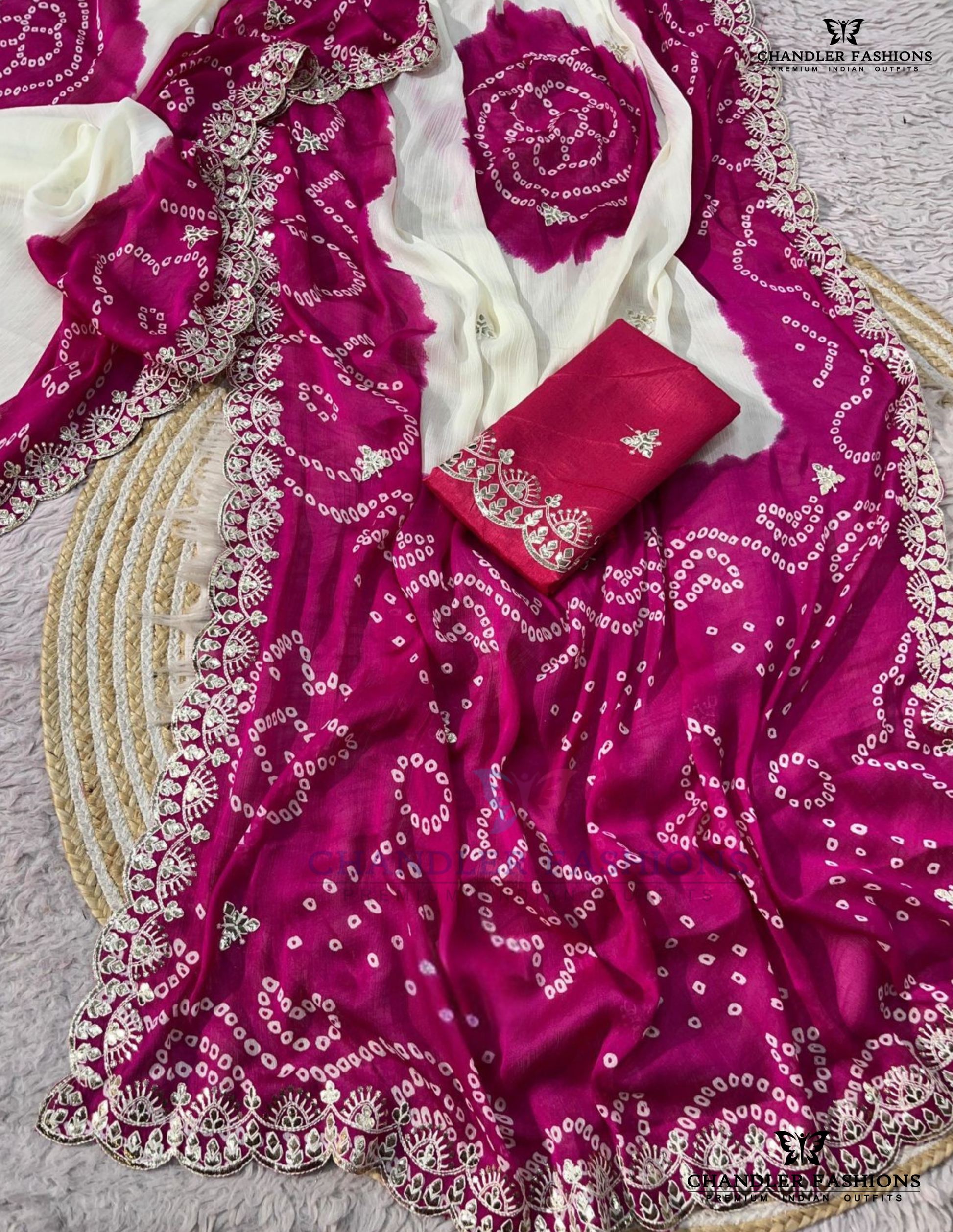 Charming Pink Color Georgette With Embroidery Work And Bandhej Print Saree