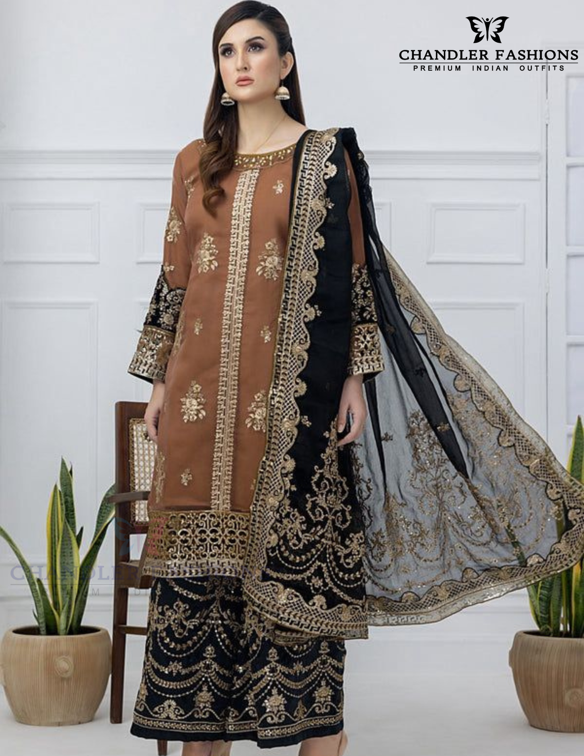 Elegant Brown And Black Color Chinon With Embroidery And Sequins Work Palazzo Suits With Dupatta For Women