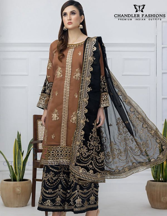Elegant Brown And Black Color Chinon With Embroidery And Sequins Work Palazzo Suits With Dupatta For Women