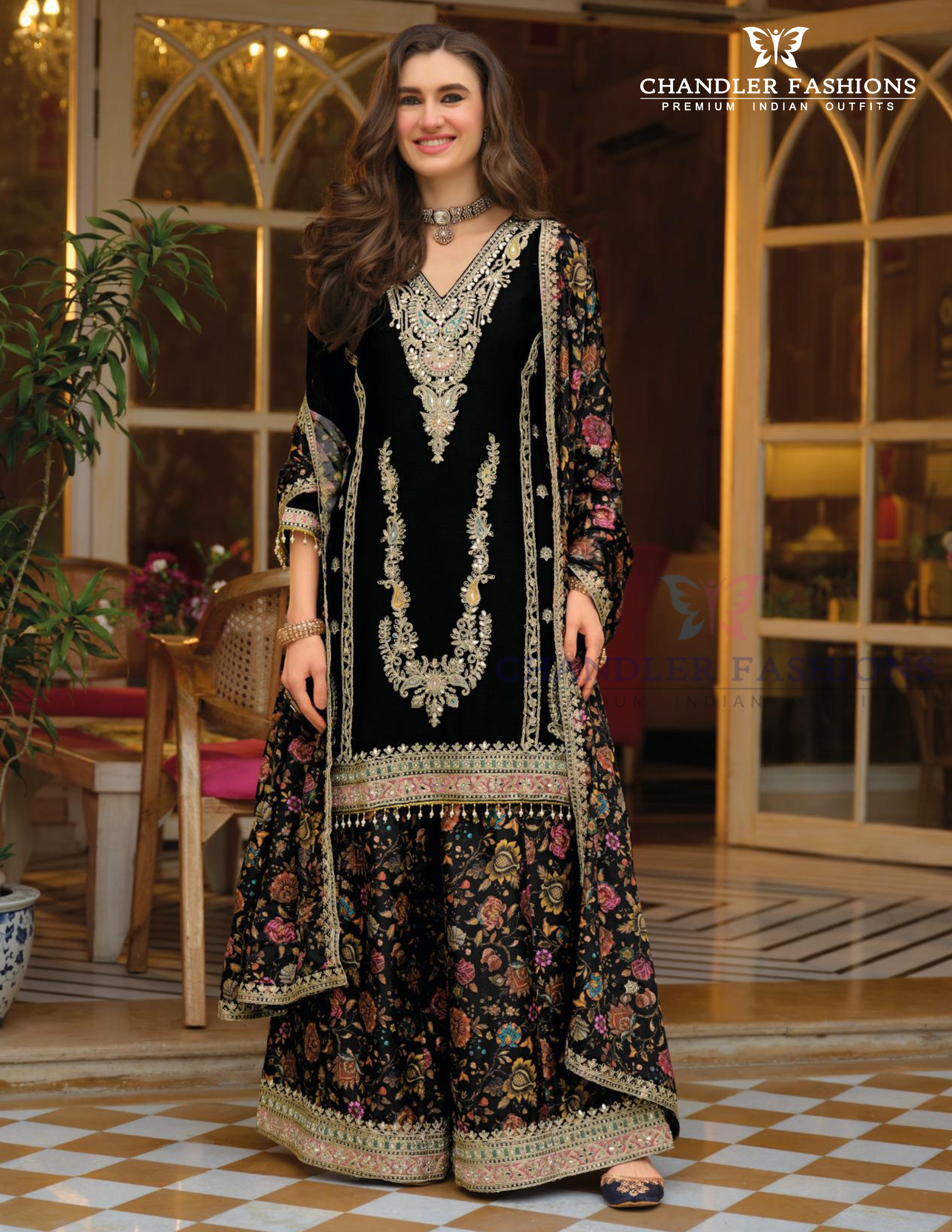 Chinon With Embroidery Work Palazzo Suits In USA
