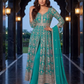 Teal Blue Color Chinon With Embroidery And Thread Work Palazzo Suit Near Me