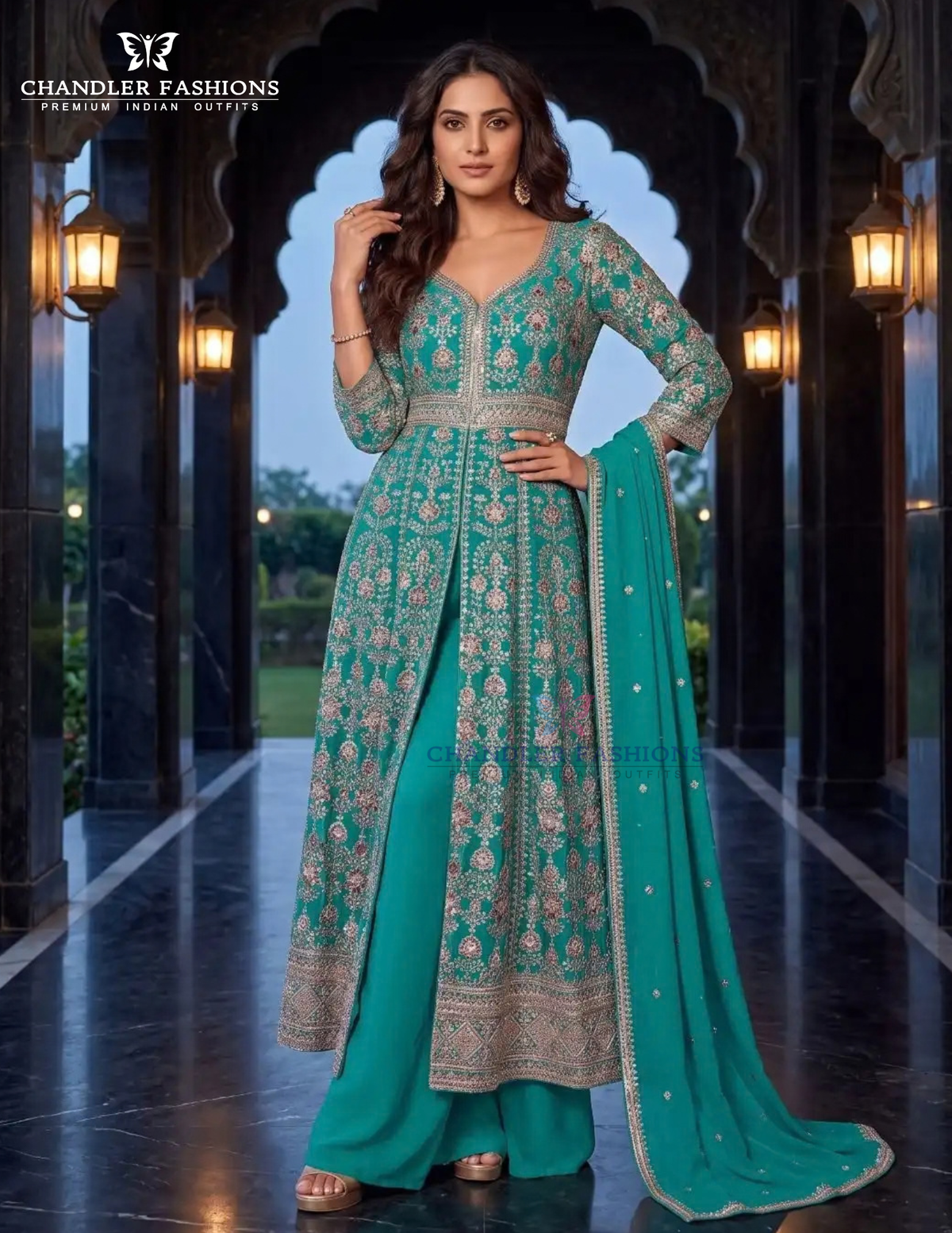 Teal Blue Color Chinon With Embroidery And Thread Work Palazzo Suit Near Me