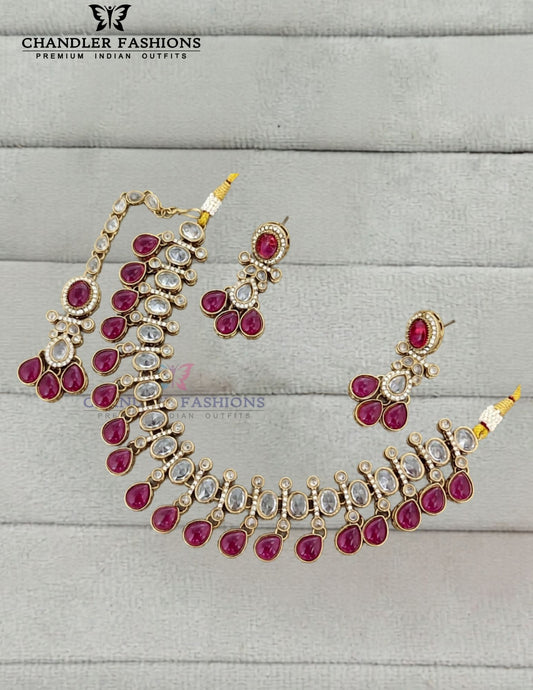Classice Gold Plated Pink Color Kundan Necklace With Earrings And Maang Tikka