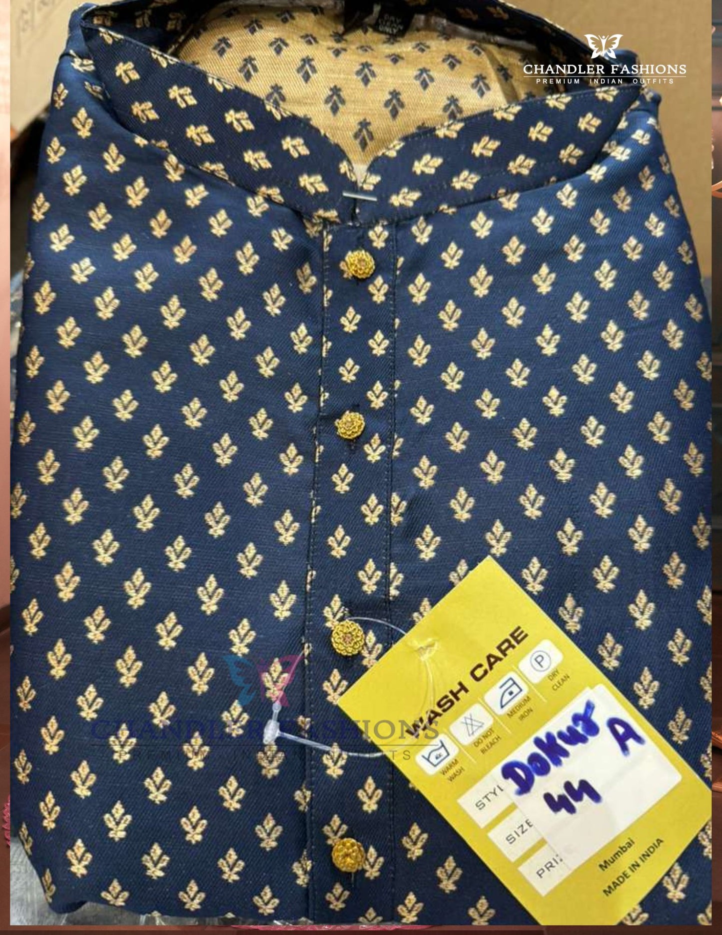 Elegant Dark Blue Color Brocade With Self Design Floral Motif Kurta Suits For Men