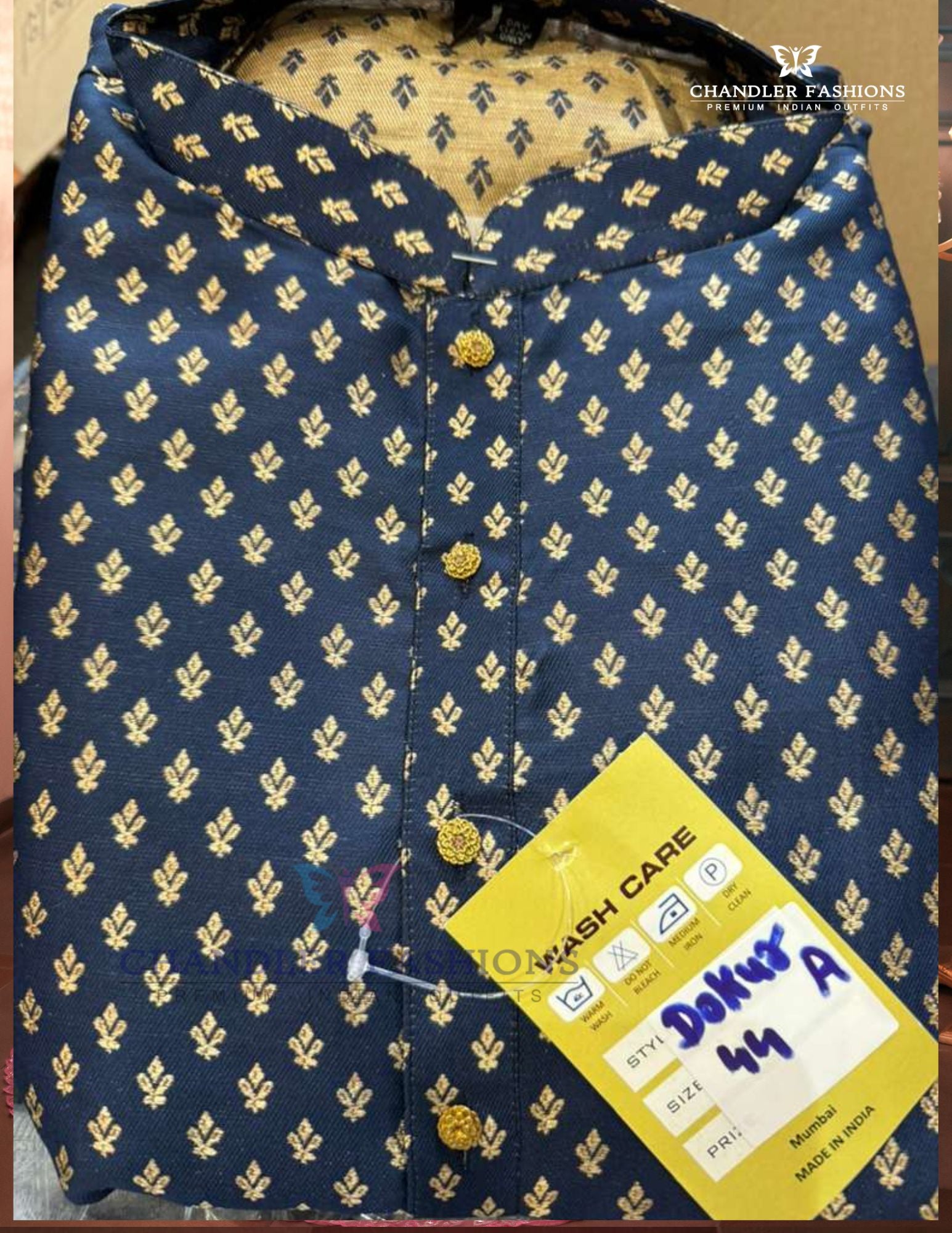 Elegant Dark Blue Color Brocade With Self Design Floral Motif Kurta Suits For Men