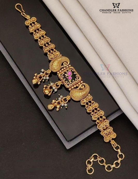 Gorgeous Pink Color Stone With Pearl Beaded Antique Gold Bracelet For Women