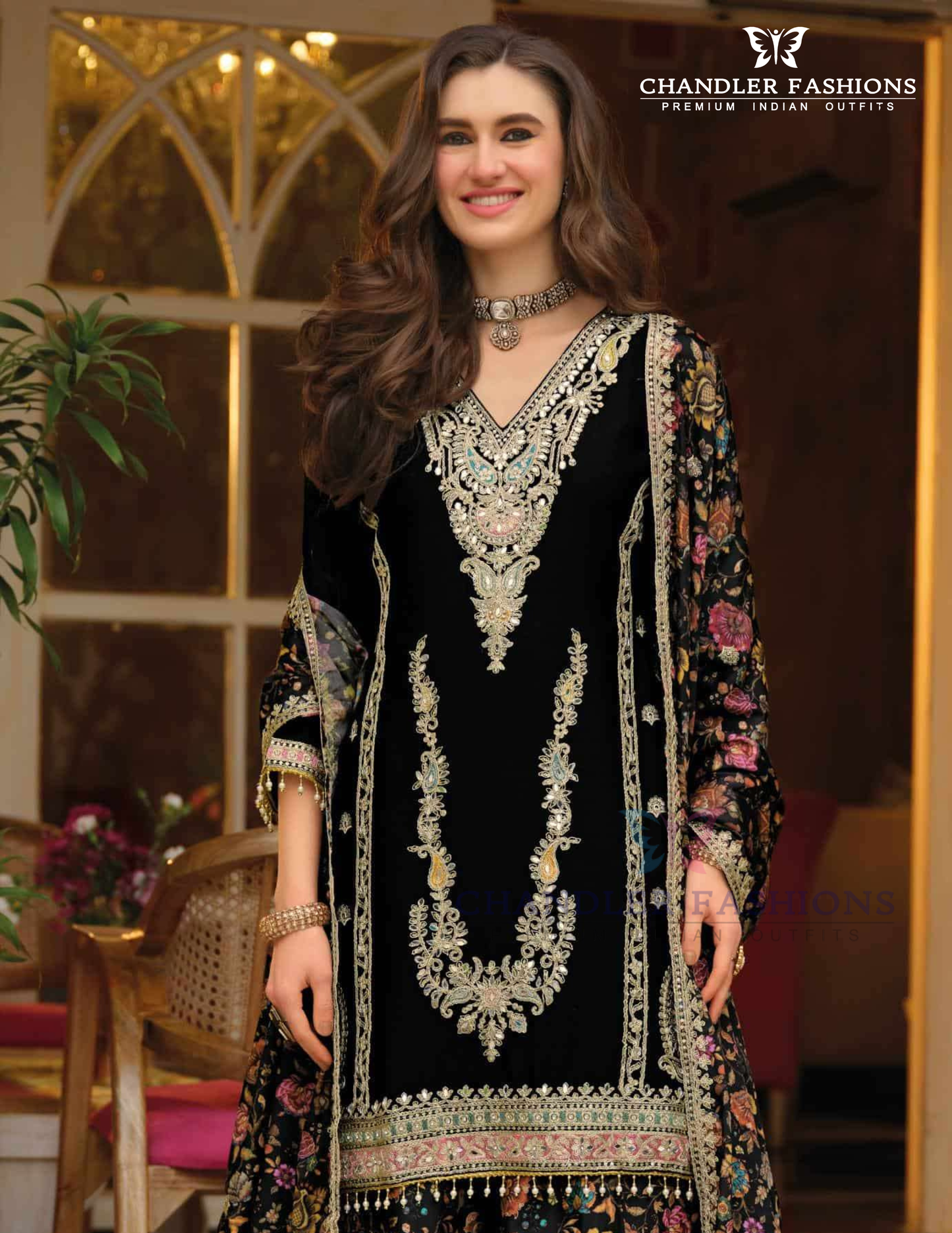 Black Color Heavy Chinon With Embroidery Work Palazzo Suits Near Me
