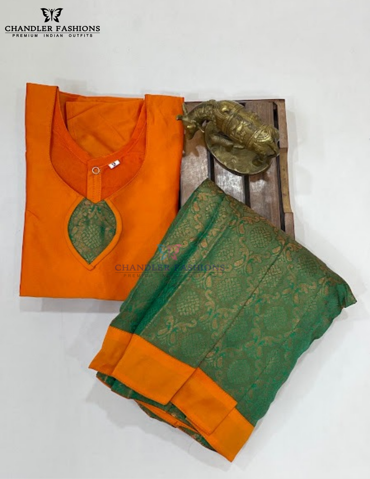 Orange And Green Color Art Silk Langa Set With Printed Work In USA