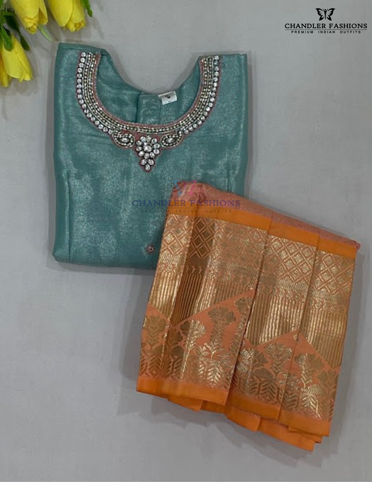 Alluring Green And Peach Color Art Silk With Stone And Zari Work Langa Sets Near Me
