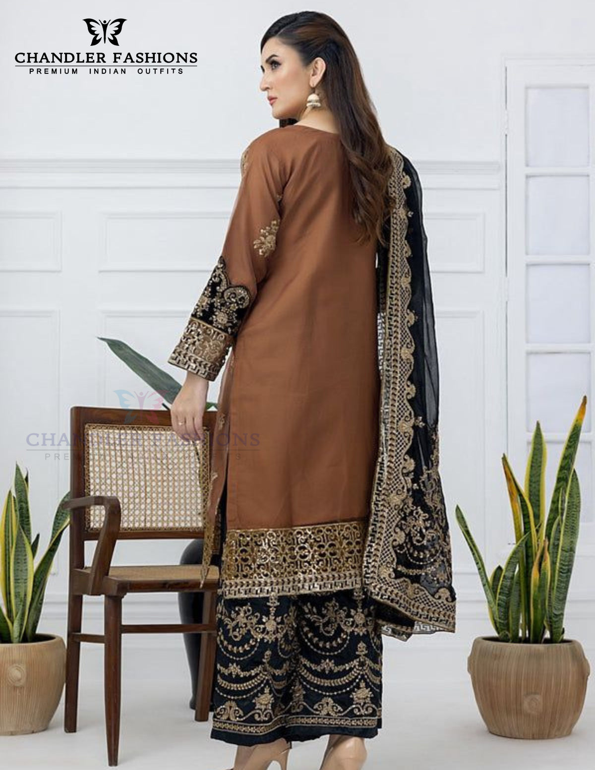 Brown And Black Color Chinon With Embroidery Palazzo Suits With Dupatta In USA