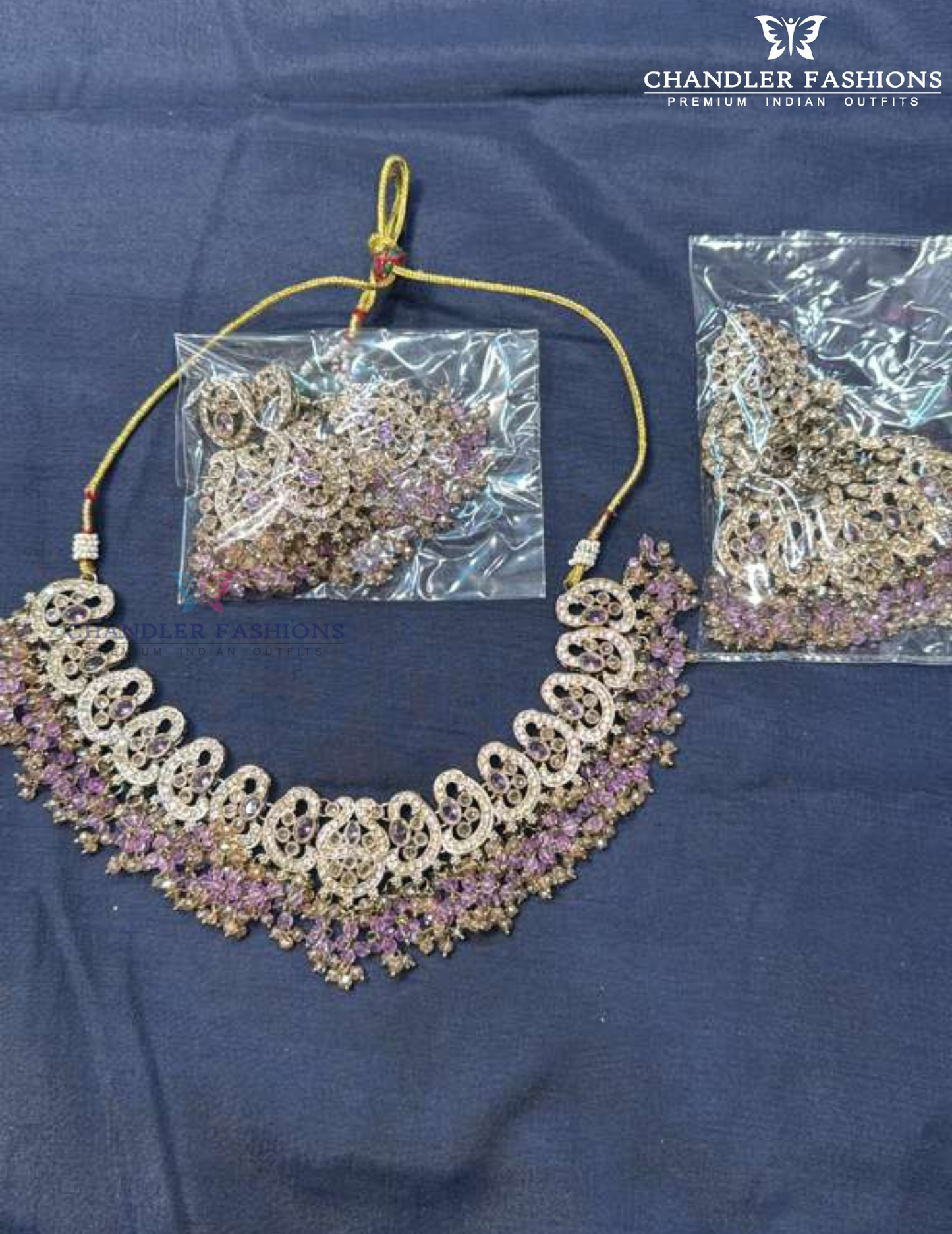 Wonderful Antique Gold Lavender Color Kundan Necklace With Earrings And Maang Tikka