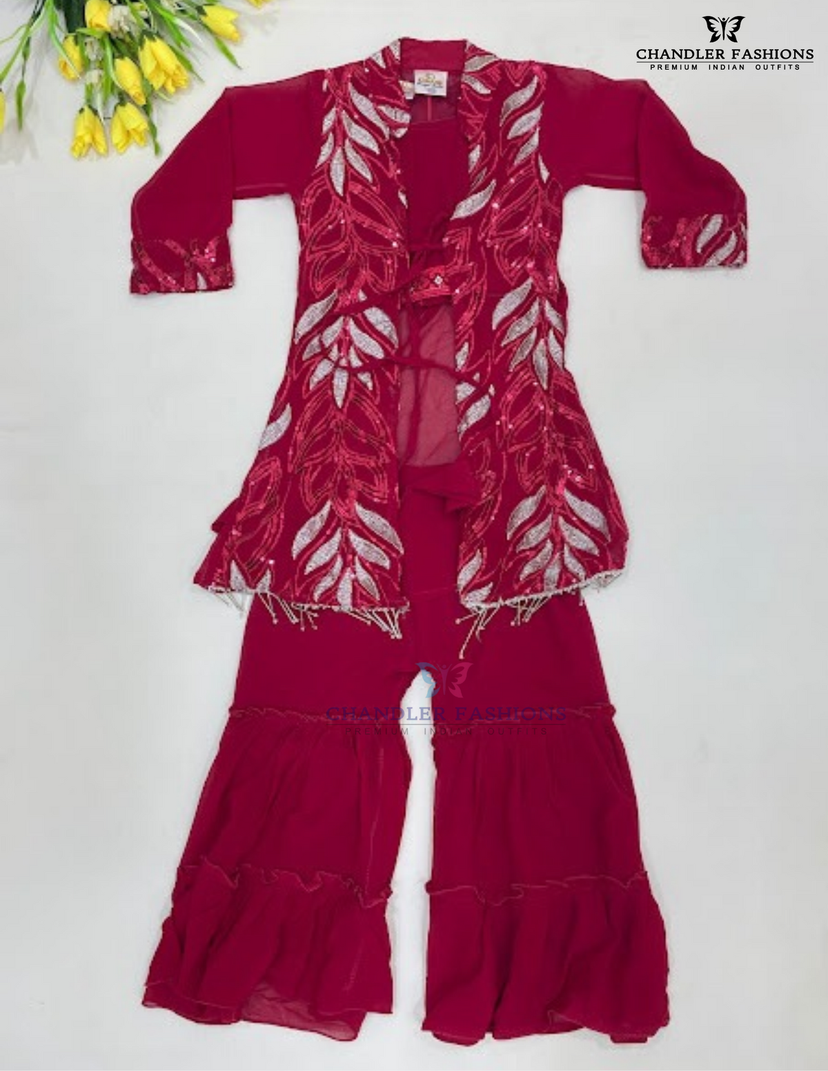 Amazing Dark Pink Color Georgette Sharara Set With Embroidery And Sequins Work For Kids Girls