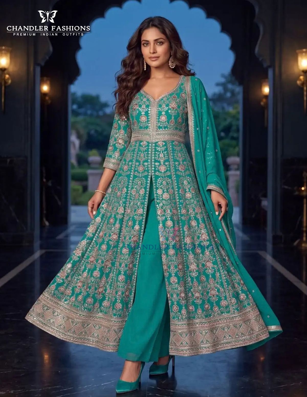 Stunning Teal Blue Color Chinon With Embroidery And Thread Work Palazzo Suit For Women
