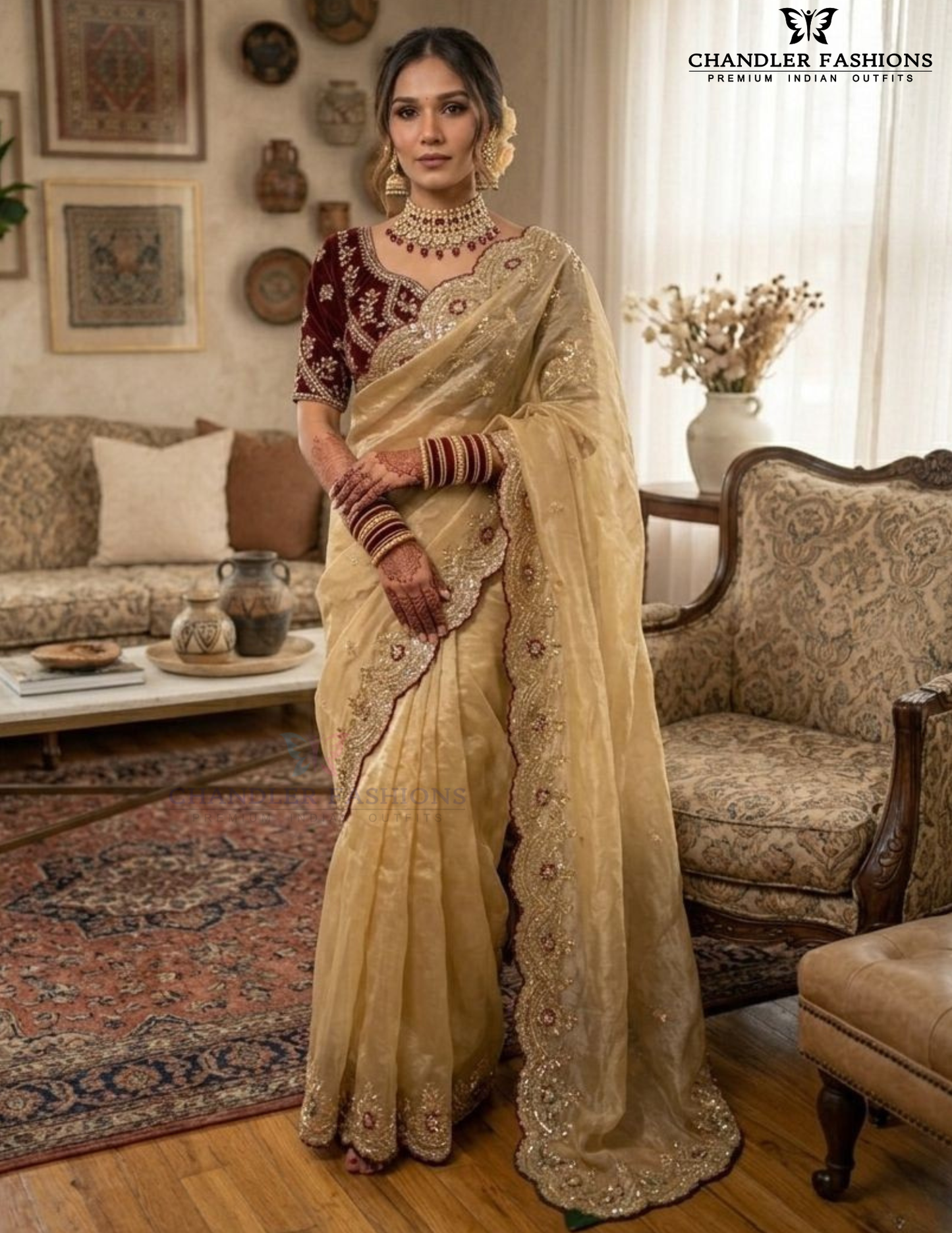 Attractive Cream Color Georgette With Embroidered Saree Zari And Sequins Work For Women