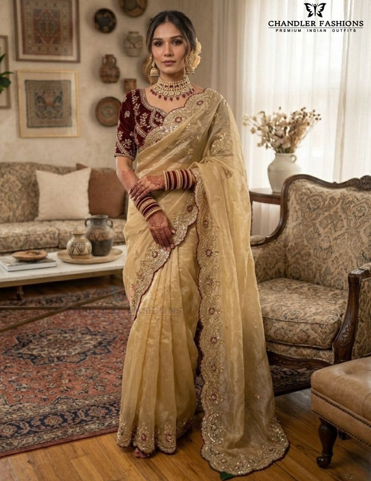 Attractive Cream Color Georgette With Embroidered Saree Zari And Sequins Work For Women