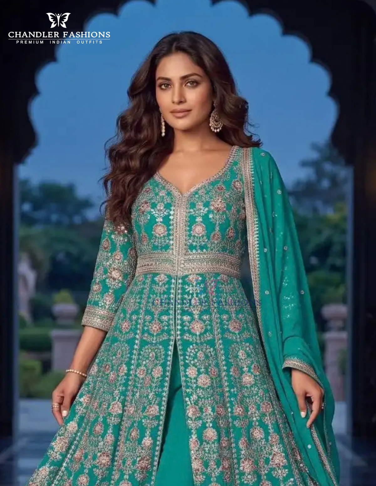 Teal Blue Color Chinon With Embroidery Work Palazzo Suit In USA