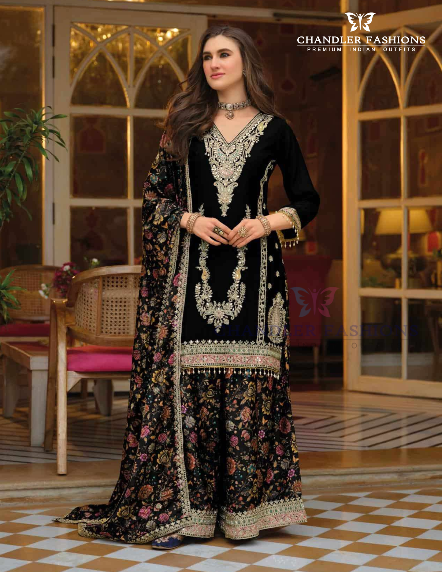 Mesmerizing Black Color Heavy Chinon With Embroidery Work Palazzo Suits With Dupatta