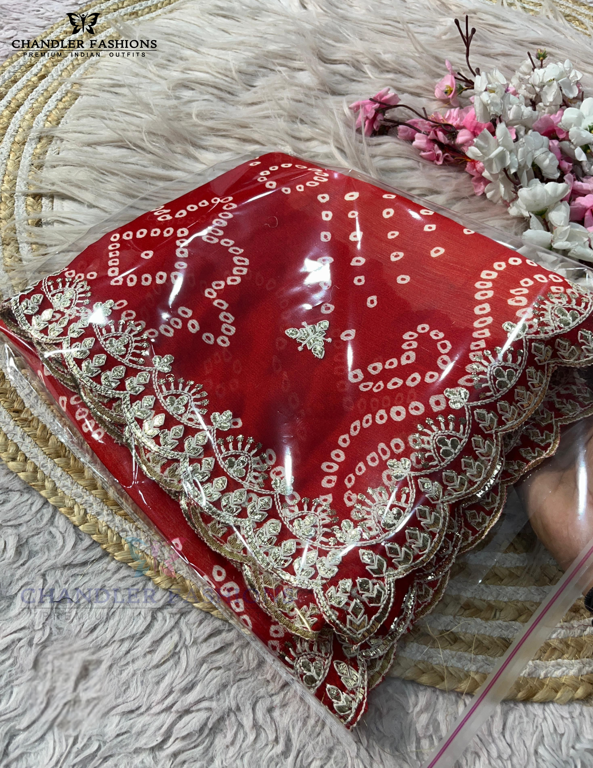 Red Color Bandhej Print And Embroidery Work Saree Near Me