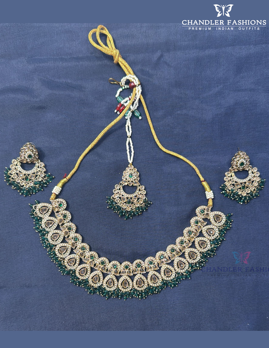 Charming Dark Green Color Beads And Gold Stones Gold Plated Necklace With Earrings 